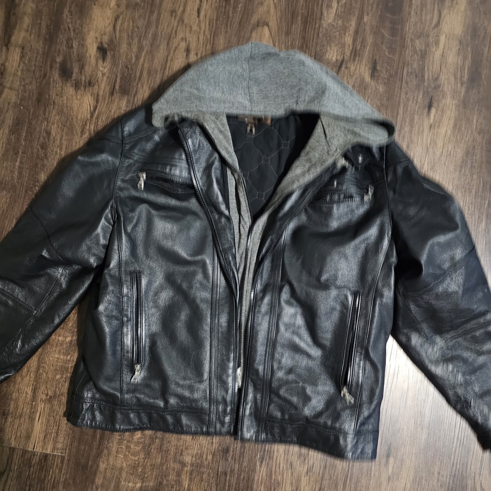 Danier Black Leather Jacket with Gray Hood